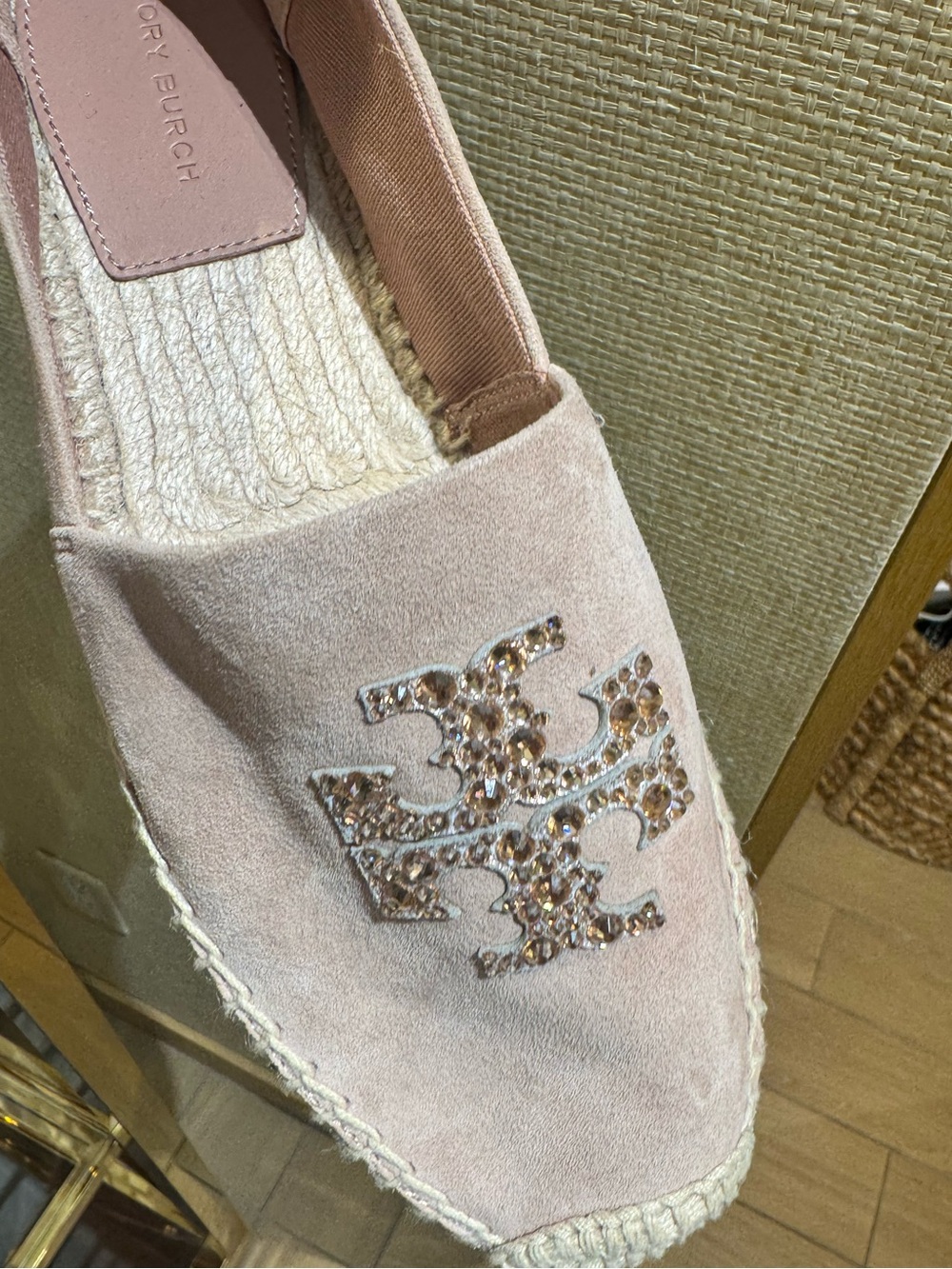 Tory Burch Everly Embellished Suede Leather Flat Crystal Espadrille Shoes - Picture 3 of 5